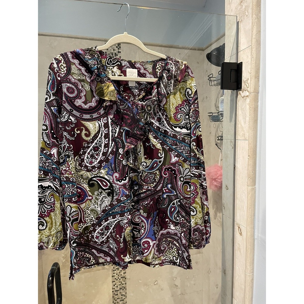 Chico's Peasant Top Chiffon Artsy Paisley Ruffle Burgundy Green  Boho 2 Large